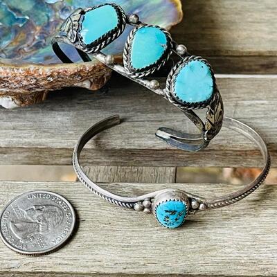 AAJ35    TWO STERLING SILVER & TURQUOISE CUFF BRACELETS NATIVE AMERICAN