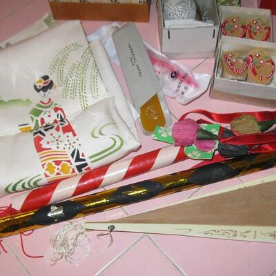 MS Collection Souvenirs From Japan Laquer Boxes Small Pottery Teapot Prayer Beads Silk Screen