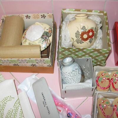 MS Collection Souvenirs From Japan Laquer Boxes Small Pottery Teapot Prayer Beads Silk Screen