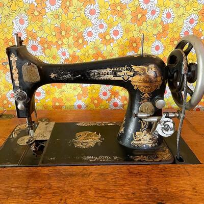 ANTIQUE SINGER SEWING CABINET & SINGER SPHINX SEWING MACHINE