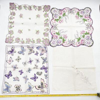 VINTAGE PURPLE FLORAL & BUTTERFLY HANDKERCHIEFS