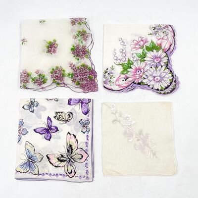 VINTAGE PURPLE FLORAL & BUTTERFLY HANDKERCHIEFS