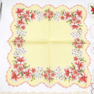 VINTAGE RED & ORANGE FLORAL HANDKERCHIEFS