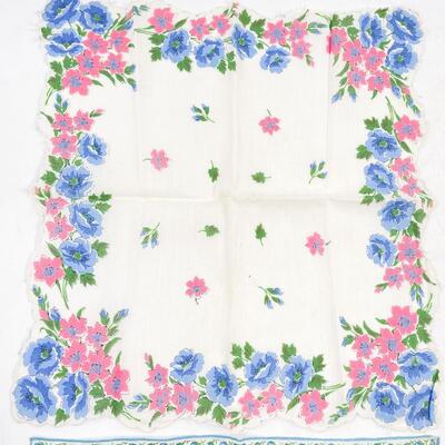 VINTAGE BLUE & PINK FLORAL HANDKERCHIEFS