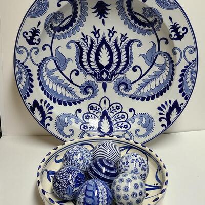 Lot 134: Pier One Bowl with Blue/White Balls and Hanging Wall Art Oversized Plate