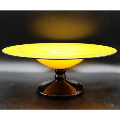 Vibrant Yellow and Black Art Glass Bowl with Vine Edge Kralik Tango Czechoslovakia