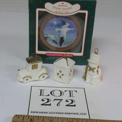 Hallmark 1987 Snow Goose Ornament and 3 Small Goebel China Christmas Ornaments