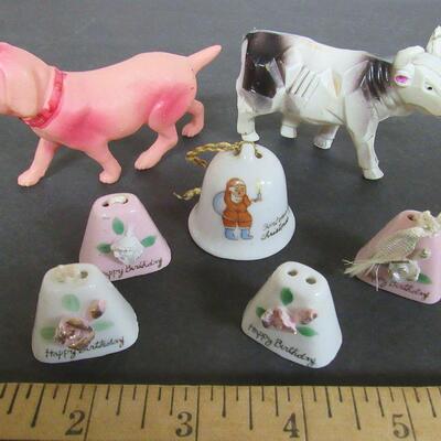 2 Old Celluloid Animals, 2 Porcelain Santa Mini Bell, 4 Mini Birthday Bells