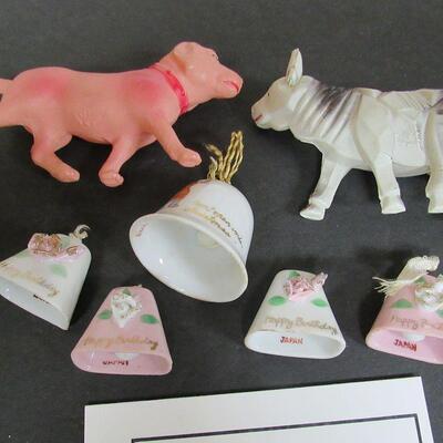 2 Old Celluloid Animals, 2 Porcelain Santa Mini Bell, 4 Mini Birthday Bells