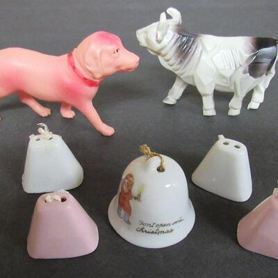 2 Old Celluloid Animals, 2 Porcelain Santa Mini Bell, 4 Mini Birthday Bells