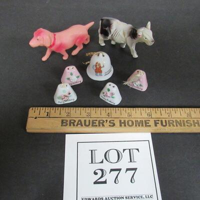 2 Old Celluloid Animals, 2 Porcelain Santa Mini Bell, 4 Mini Birthday Bells