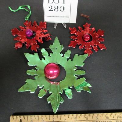 3 Vintage Dimensional Snowflake and Ball Foil and Glass Christmas Ornaments