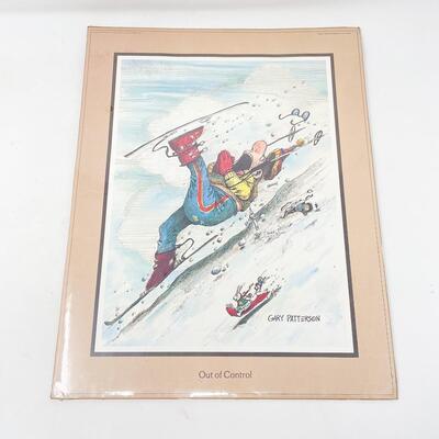 1980 GARY PATTERSON â€œOUT OF CONTROLâ€ CARTOON SKI PRINT - 11â€ X 14â€