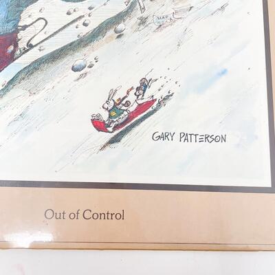 1980 GARY PATTERSON â€œOUT OF CONTROLâ€ CARTOON SKI PRINT - 11â€ X 14â€