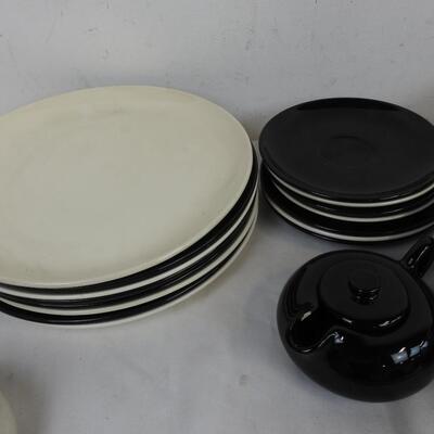 Black & White Full Dining China Set: Mugs, Plates, Bowls, Serving Bowls