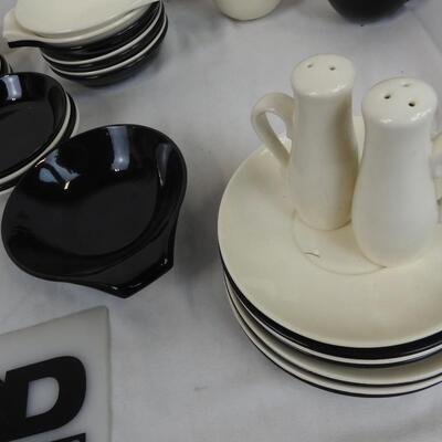 Black & White Full Dining China Set: Mugs, Plates, Bowls, Serving Bowls