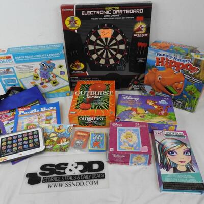 10 pc Kids Games and Puzzles: Electronic Dartboard, No Darts, Hungry Hippo's