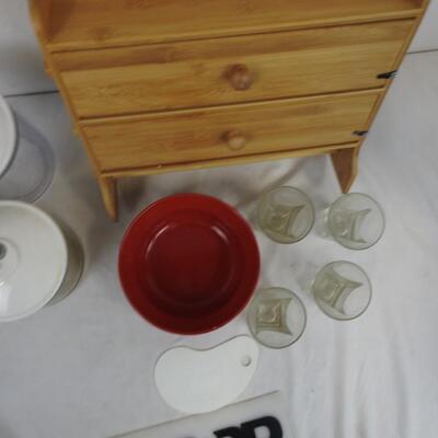 8 pc Kitchen Lot: Wooden Foil Dispenser Rack, 4 glasses, 1 bowl, etc