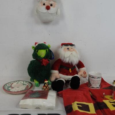 Christmas Lot: 3 hand towels, cup, napkins, paper plates, Santa and Llama, etc