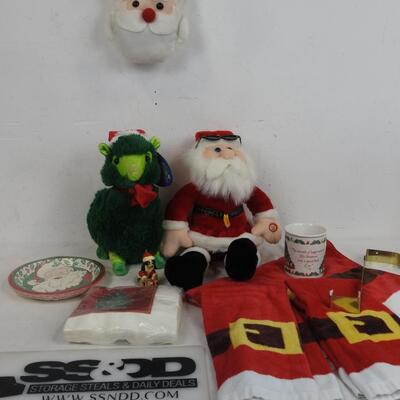 Christmas Lot: 3 hand towels, cup, napkins, paper plates, Santa and Llama, etc