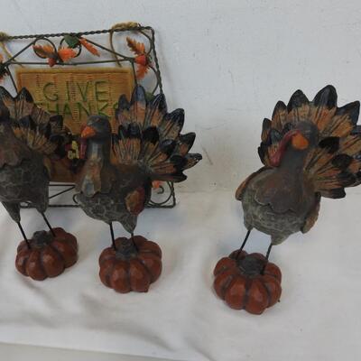 5 pc Thanksgiving, Turkey Figures, Give Thanks, Metal And Wood