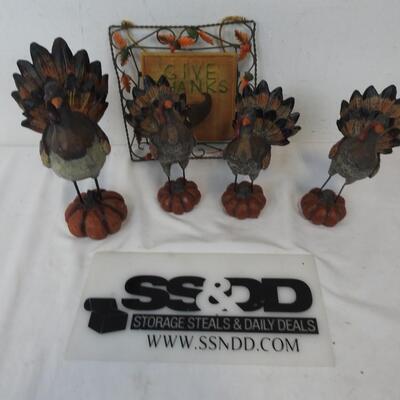 5 pc Thanksgiving, Turkey Figures, Give Thanks, Metal And Wood