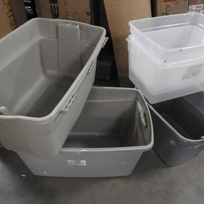 6 Plastic Totes, No Lids, Some Clear