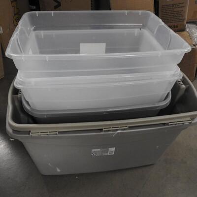 6 Plastic Totes, No Lids, Some Clear