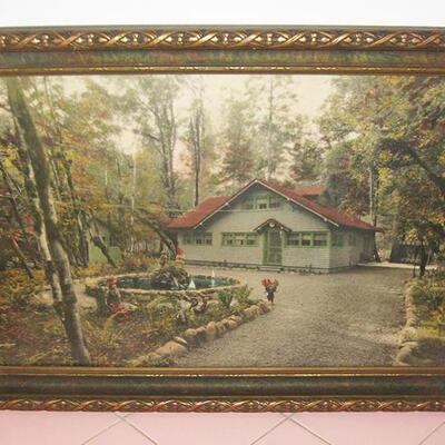 MS Antique Hand Tinted Photo Framed Under Glass Cabin In Woods Gnomes Red Hats