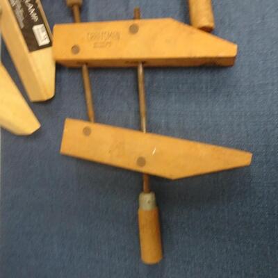 LOT 168. THREE WOOD CLAMPS TWO ARE CRAFTSMAN