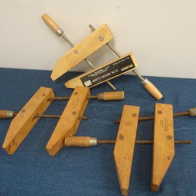 LOT 168. THREE WOOD CLAMPS TWO ARE CRAFTSMAN