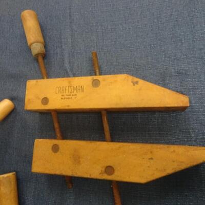 LOT 168. THREE WOOD CLAMPS TWO ARE CRAFTSMAN