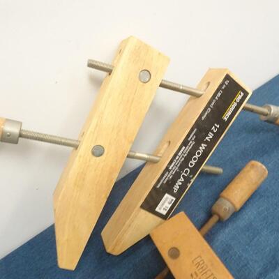 LOT 168. THREE WOOD CLAMPS TWO ARE CRAFTSMAN