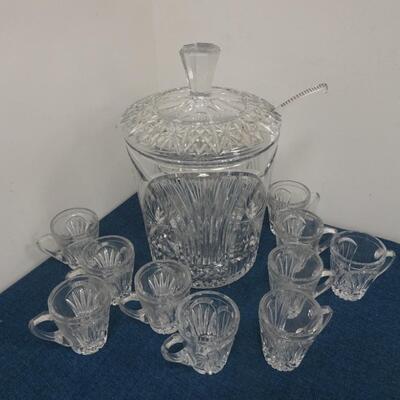 LOT 180 CRYSTAL LIDDED PUNCH BOWL WITH LADLE AND 8 CUPS