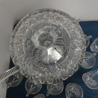 LOT 180 CRYSTAL LIDDED PUNCH BOWL WITH LADLE AND 8 CUPS