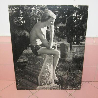MS Black White Photo Young Man On Tombstone Burrell Swim Suit Blond