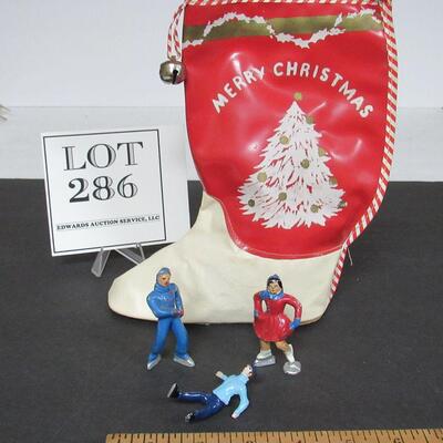 Vintage Christmas Lead Skating Figures and Vinyl Christmas Boot
