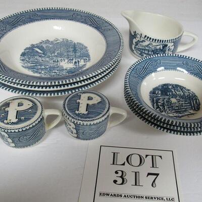 Lot of Vintage Currier and Ives 2 Soup Bowls, 2 Small Bowls, Creamer and 2 Peppers