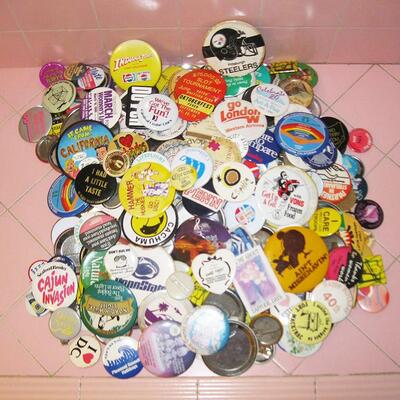 MS Huge Collection of Pin Back Buttons Food Radio Movies Sports Oktoberfest