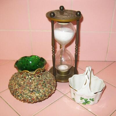 MS Household Knick Knacks Brass Hour Glass Lefton Basket Green Glass Vase