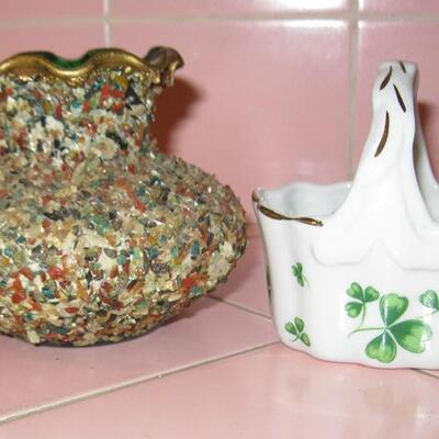 MS Household Knick Knacks Brass Hour Glass Lefton Basket Green Glass Vase