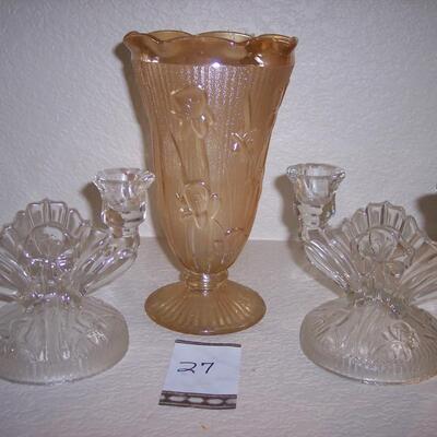 Iris Depression Glass Vase & Candle Holders