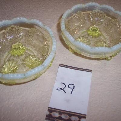 Wreath & Shell Vaseline Uranium Glass Footed Berry Bowls