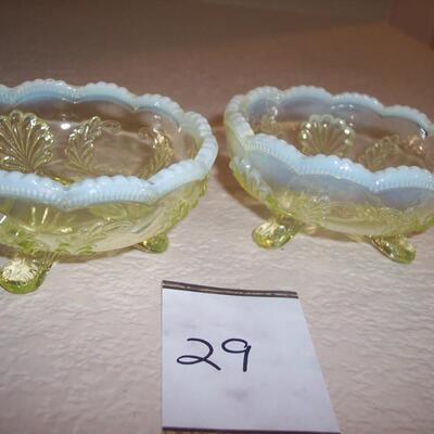 Wreath & Shell Vaseline Uranium Glass Footed Berry Bowls