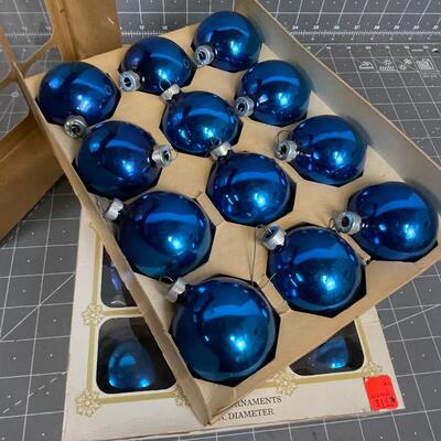 #22 24 Blue Christmas Holly Glass Ornaments 2-1/4 Size