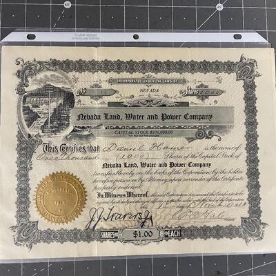 #71 Stock Certificate  Nevada Land, Water and Power Company. 