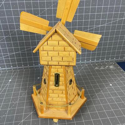 #147 Wooden Windmill Music Box Bank 