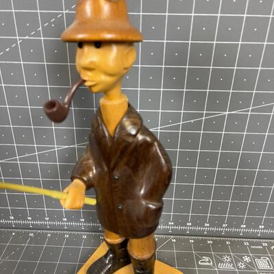 #198 Hand Carved Fisher Man, Wood 