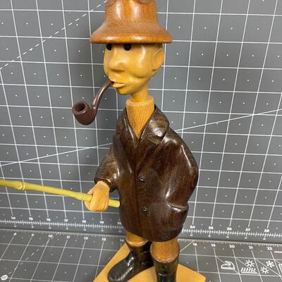 #198 Hand Carved Fisher Man, Wood 