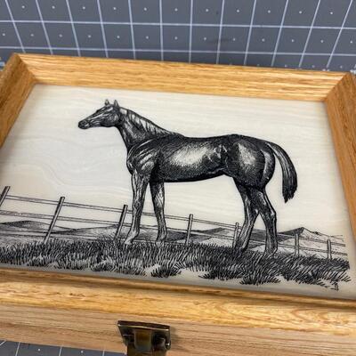 #199 Hand Crafted Golden Oak Box with Etching of a Horse